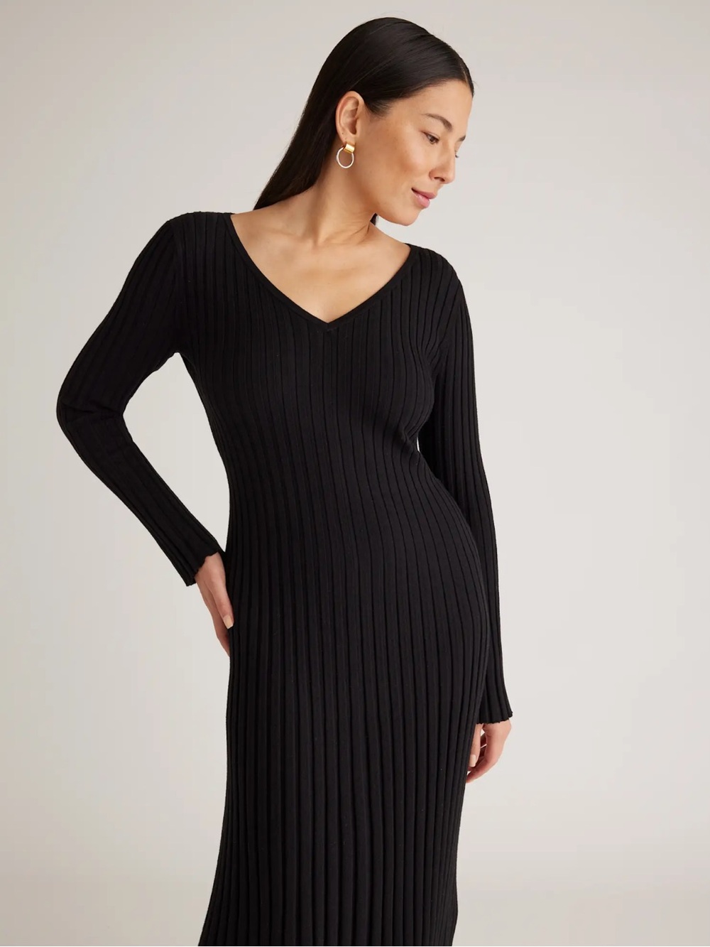 Quince Cotton Cashmere Ribbed Long Sleeve V-Neck Midi Sweater Dress Black S NWT